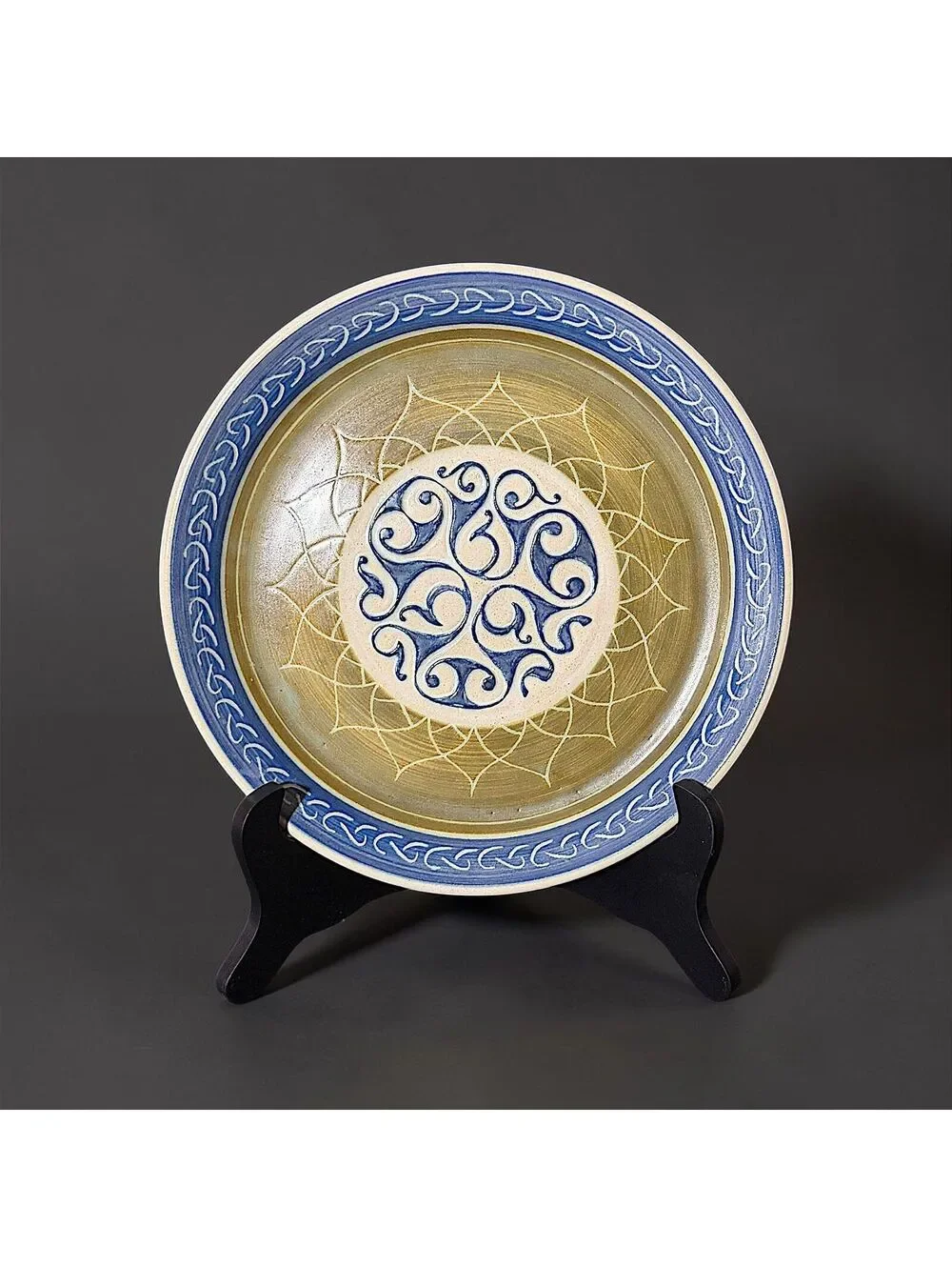 Vintage Signed Studio Pottery Charger Blue Olive Sgraffito Decorative Plate